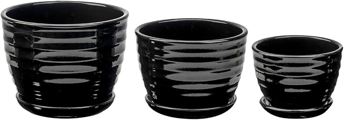 MyGift Modern Ribbed Black Ceramic Small Planters for Houseplant Flower Succulent Herb, Indoor Home Garden Plant Pot with Drainage Hole and Attached Saucer, Set of 3