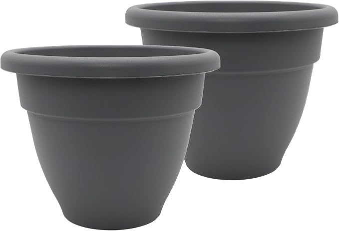 The HC Companies Caribbean Planter Pot - Outdoor & Indoor Plant Pot with Drainage Hole & Plug - Rolled Rim Plastic Pots for Plants & Flowers - Decorative Plant Pot (14" Warm Gray, Pack of 2)