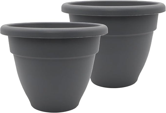 The HC Companies Caribbean Planter Pot - Outdoor & Indoor Plant Pot with Drainage Hole & Plug - Rolled Rim Plastic Pots for Plants & Flowers - Decorative Plant Pot (16" Warm Gray, Pack of 2)