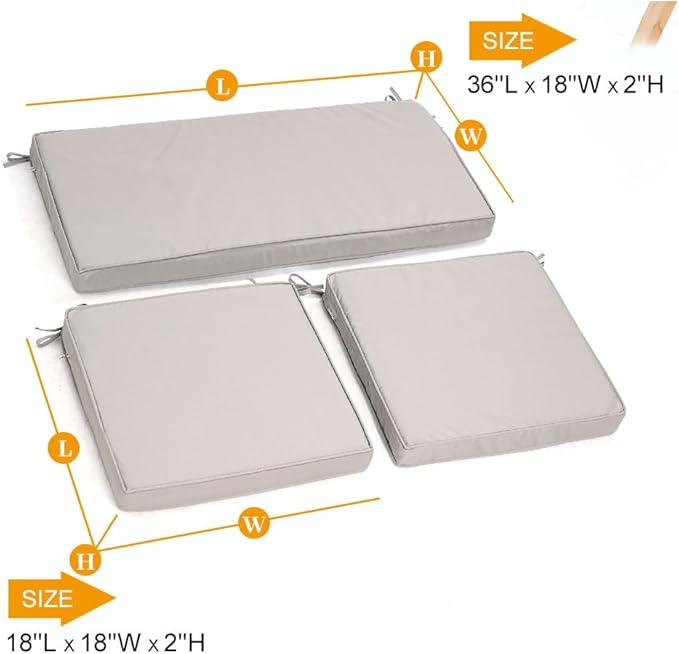 3-Pack Outdoor Patio Furniture Replacement Cushions Set–High-Elastic Sponge Cushions Fit 4-Piece Wicker Rattan Sofa, Loveseat & Chairs, 36x18x2 & 18x18x2, Waterproof, Fade-Resistant (Light gray)