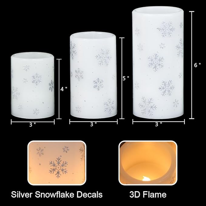 KunSween Christmas Flameless Candles with Timer, 3 Pack LED Pillar Candles with Silver Snowflake Decals and Real Wax, Christmas Winter Decorations for Home Indoor Table Centerpieces