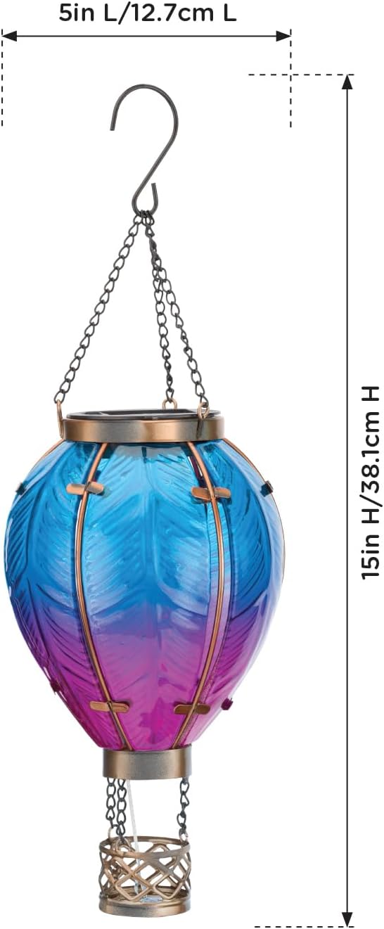 Regal Art & Gift Hot Air Balloon Solar Lantern – Hanging Solar-Powered LED Lights, Waterproof Portable Decorative Outdoor Lamp Made of Metal & Glass for Garden, Patios & Pathway – Blue (Small)