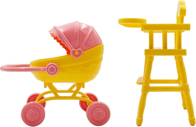 Mini Dollhouse Furniture Set, Baby Stroller and High Chair, Pink and Yellow Miniature Accessories, Kids Pretend Play Toys