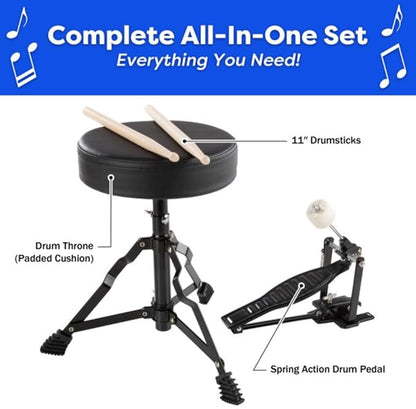 Hey Play Kids 3-Piece Drum Set - Kit With Cymbal, 2 Toms, Bass and Pedal, Drumsticks and Throne - Beginner Musical Instruments (Blue)