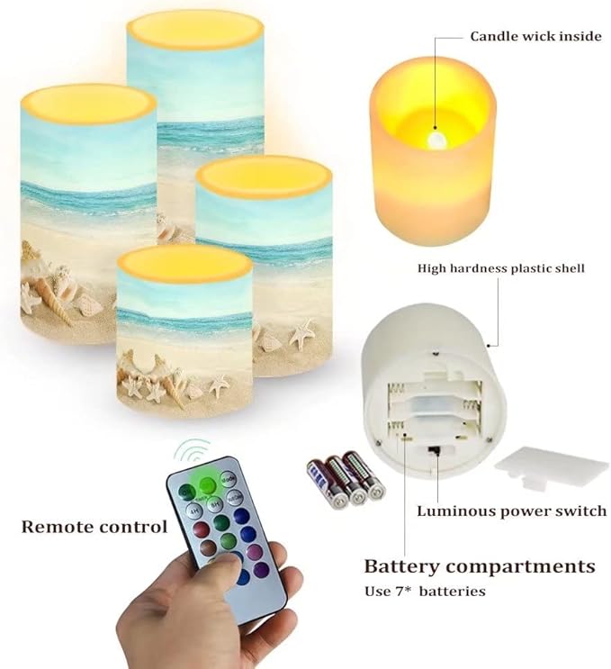 Beach Starfish Flameless Light Candles with 4H 8H Timer, Battery Operated Candles with 18-Key Remote Flickering Smokeless Pillar Candles-4PCS