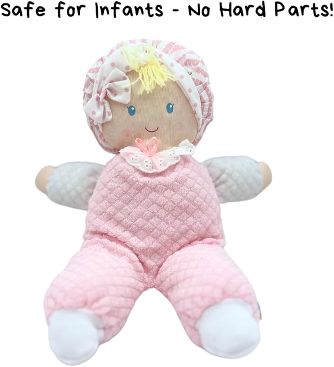 Genius Baby Toys Soft Baby Doll - Cuddly and Soft - Perfect First Baby Doll for Infants and Toddler - Cute Pink and White Outfit - No Hard Parts - Nontoxic First Doll - Perfect for Baby Shower