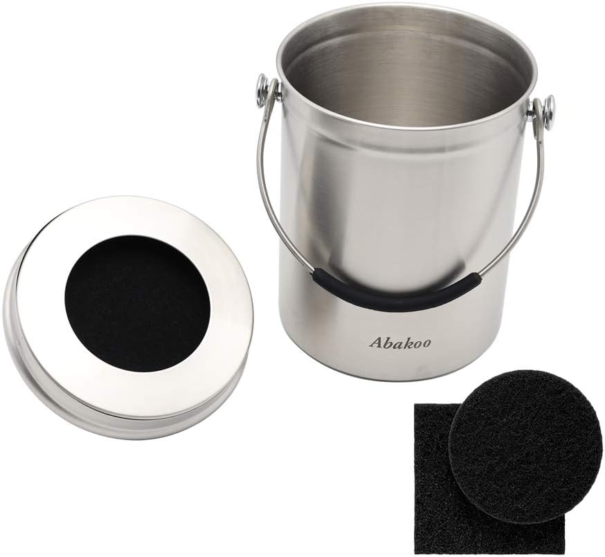 Abakoo Stainless Steel Compost Bin for Kitchen Countertop Compost Bucket Kitchen Pail Compost with Lid 1.3 Gallon-Includes 4 Filters