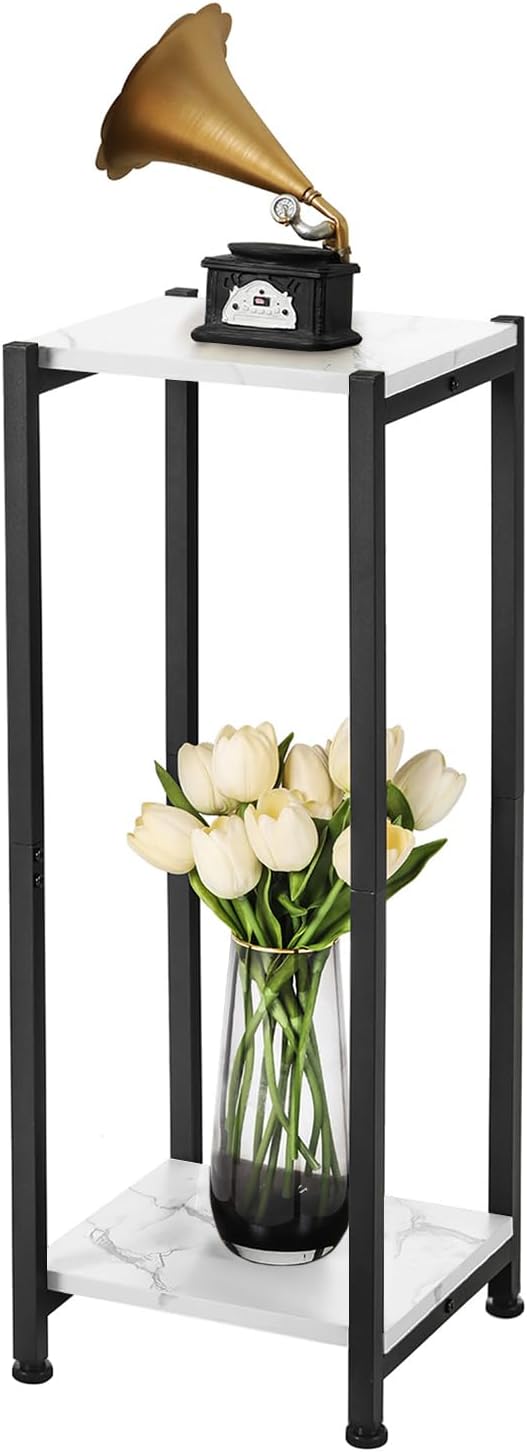 Tall Plant Stand Indoor,31 Inch Plant Stands,2 Tier Metal Plant Stand with Heavy Duty Wood,Marble White and Black