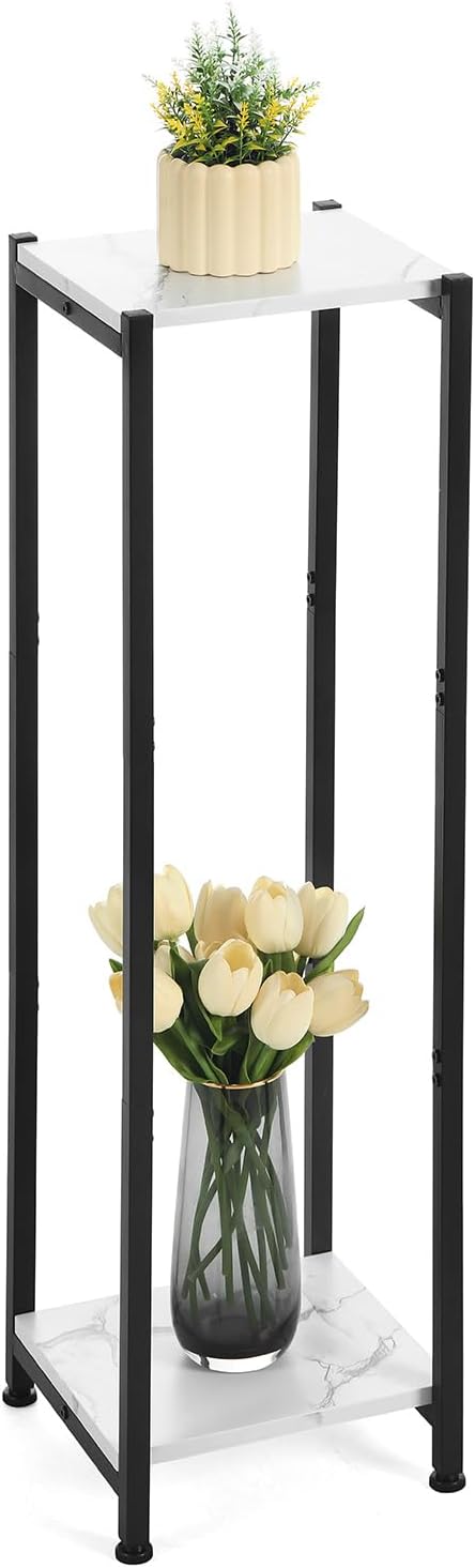Extra Tall Plant Stand Indoor,40 Inch Plant Stands,2 Tier Metal Plant Stand with Heavy Duty Wood,Marble White and Black