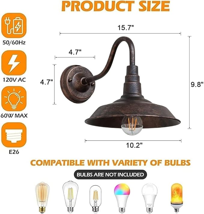 2-Pack Outdoor Gooseneck Barn Light 10" Retro Exterior Wall Light Iron Art Dome Farmhouse Wall Sconces Anti-Rust Waterproof Outdoor Light for House Porch Garage Entryway