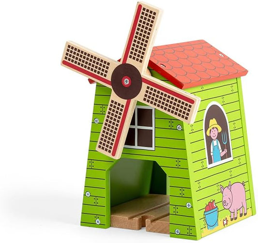 Bigjigs Rail Country Windmill Toy Train Tunnel - Bigjigs Train Accessories, Wooden Train Track Accessories, Windmill for Train Set, Trains for Kids