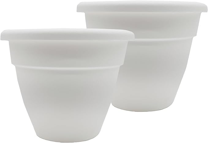 The HC Companies Caribbean Planter Pot - Outdoor & Indoor Plant Pot with Drainage Hole & Plug - Rolled Rim Plastic Pots for Plants & Flowers - Decorative Plant Pot (12" White, Pack of 2)