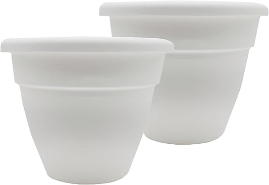 The HC Companies Caribbean Planter Pot - Outdoor & Indoor Plant Pot with Drainage Hole & Plug - Rolled Rim Plastic Pots for Plants & Flowers - Decorative Plant Pot (14" White, Pack of 2)