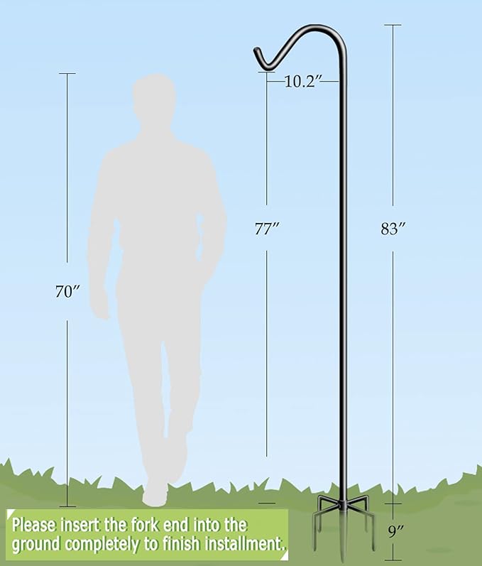 Garbuildman 92 Inch Tall Shepherd Hooks with 5-Forked Base, Adjustable Heavy Duty Bird Feeder Pole Stand Hanger for Outdoor, Shiny Black, 2 Pack