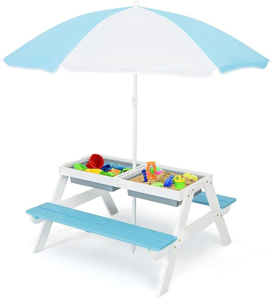 Costzon Kids Picnic Table with Sensory Bins, 4 in 1 Sand and Water Table with Height Adjustable Umbrella, Removable Tabletop for Outdoor Backyard Patio Play