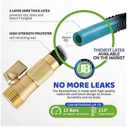 J&B XpandaHose 100ft Expandable Garden Hose with Holder - Heavy Duty Superior Strength 3750D - 4 -Layer Latex Core - Extra Strong Brass Connectors and 10 Spray Nozzle w/Storage Bag (Blue 100)