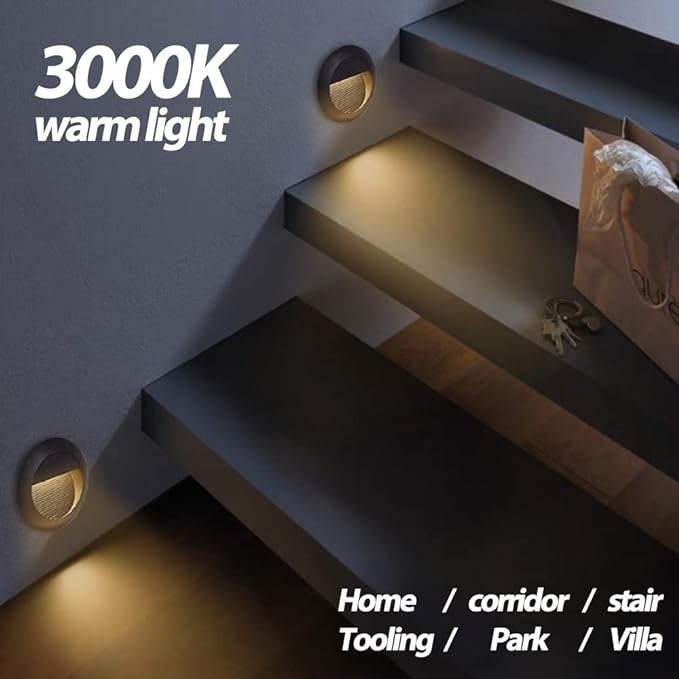 6Pcs 3W LED Recessed Wall Light, Step Light Warm White 3000K, Stair Light Staircase Light Lighting lamp, Inside Outside Garden Balcony Corridor, Aluminum, 120V Black