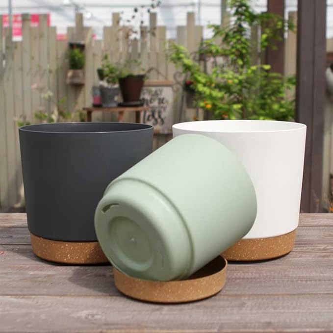 ZMTECH Plant Pots, Set of 6 6.5'' Self Watering Plastic Planter with Drainage Hole and Saucer,Modern Decorative Flower Pot for Indoor Outdoor House Plants, Succulents, Flowers - Dark Gray