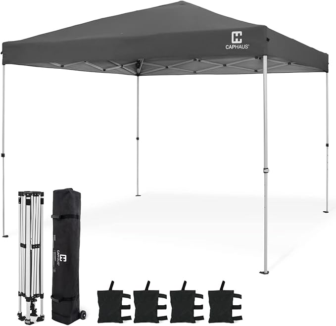 CAPHAUS Patented One-Push Pop Up Outdoor Canopy Tent, Heavy-Duty Commercial Grade w/Central Lock, Portable and Instant Folding Shelter with Wheeled Carry Bag and Weight Bag, 10ft x 10ft, Dark Grey