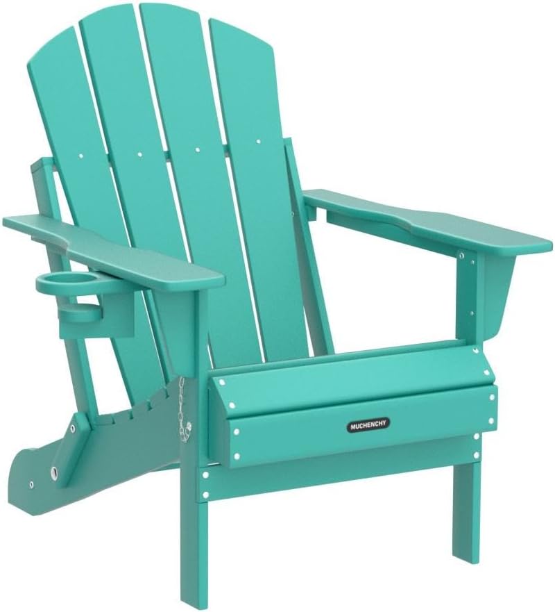 MUCHENGHY Folding Adirondack Chairs, Patio Chairs, Lawn Chairs, Outdoor Chair, Adirondack Chair Plastic, Fire Pit Chairs, Weather Resistant with Cup Holder for Deck, Backyard, Garden(Lake Blue)