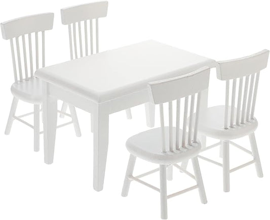 Homoyoyo 5 PCS 1/12 Wooden Dollhouse Furniture of Table Chair, Mini House Miniature Dining Table Chair, Miniature Furniture Set Dollhouse Accessories(White)