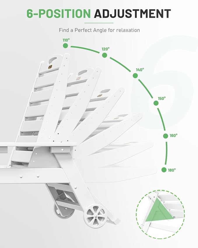 Lounge Chair Outdoor, Chaise Lounge Outdoor, HDPE 6-Position Lounge Chair for Outside, Patio Lounge Chair with Wheels & Cup Holder for Pool Poolside Deck Backyard, White