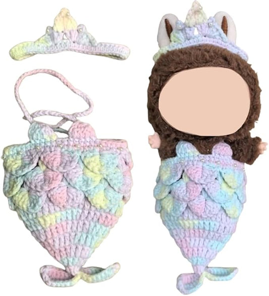 Clothes for Labubu Doll,Clothes for Doll Accessories,Hand-woven Bikini Mermaid Crochet Skirt Set,Summer Mermaid Costume Outfit Suitable for Labubu15&17cm,Dress-Up Accessories for Labubu Doll (color03)