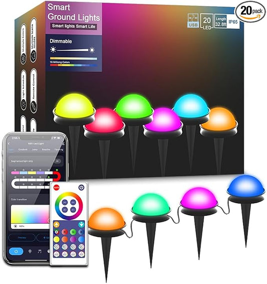 Outdoor Smart Ground Lights - 33FT 20Pack Pathway Light with Remote & App Control, Color Changing Walkway Lighting Compatible with Alexa Halloween Christmas Outdoor Decor for Patio, Garden, Yard