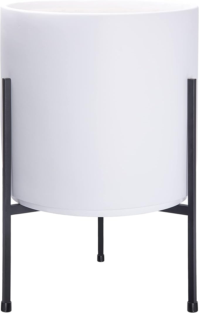 D'vine Dev Modern White Plants Pot Cylinder Planter with Heavy Duty Stand, Large 12 Inch Pot, 18.9 Inch with Stand Height, 96-T-A-3