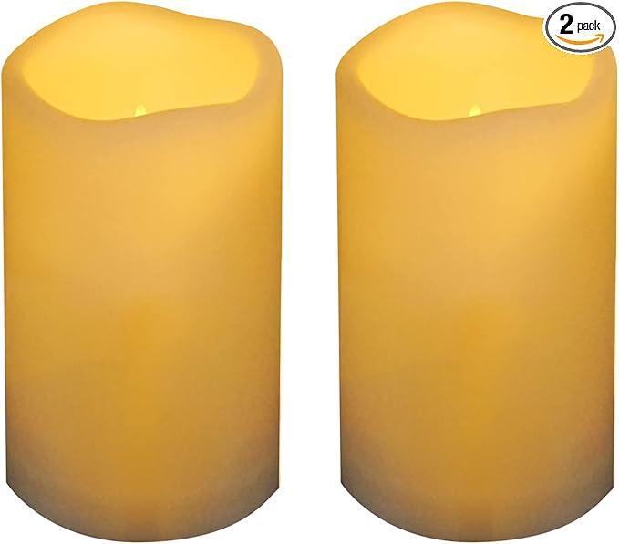 Waterproof Outdoor Battery Operated Flameless Pillar Candles with Timer White Plastic Realistic Flickering Fake Electric LED Lights for Lantern Garden Wedding Christmas Decorations 3”x5” 2 Pack