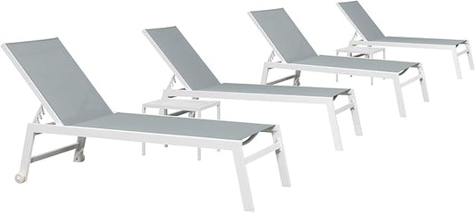 PURPLE LEAF Oversize Outdoor Chaise Lounge Set of 4 Outdoor White Aluminum Lounge Chairs with Side Table and Wheels Patio Lounge Chair for Yard Pool Deck, Bluish-Gray