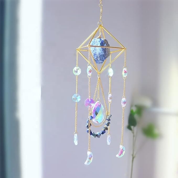 Crystal Suncatcher Lapis Lazuli, Blue Sun Catcher Hanging Decor, Blue Lazurite Crystal Window Hanging, Gemstone Prism, Boho Chic Decor, Raw Natural Stone (Lazurite)