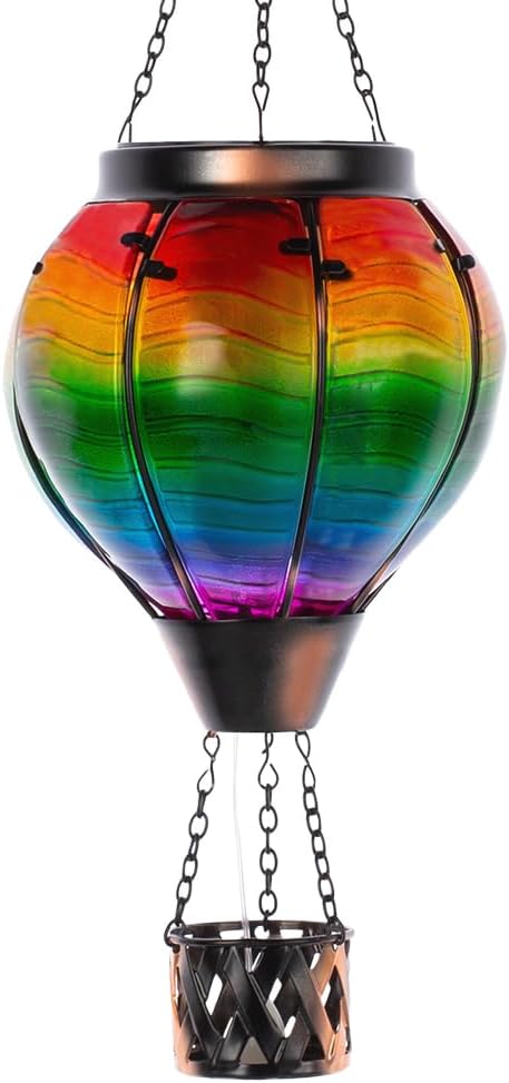 Starsoul Solar Hot Air Balloon Lantern with Flame Multi-Color Hot Air Balloon Lantern with Candle Holder Metal & Glass Hanging Garden Light Waterproof Outdoor Lantern Decor