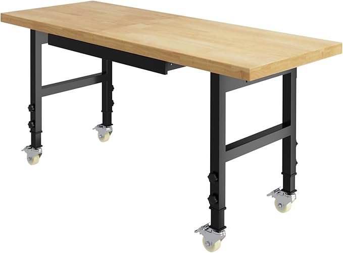 60" Adjustable Height Workbench, Heavy-Duty Work Bench Table with Locking Wheels, Portable Chipboard Work Table with Drawer & Power Outlets, for Repair Shop, Garage, Workshop, Office