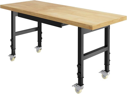60" Adjustable Height Workbench, Heavy-Duty Work Bench Table with Locking Wheels, Portable Chipboard Work Table with Drawer & Power Outlets, for Repair Shop, Garage, Workshop, Office