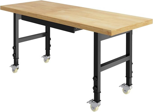 60" Adjustable Height Workbench, Heavy-Duty Work Bench Table with Locking Wheels, Portable Chipboard Work Table with Drawer & Power Outlets, for Repair Shop, Garage, Workshop, Office
