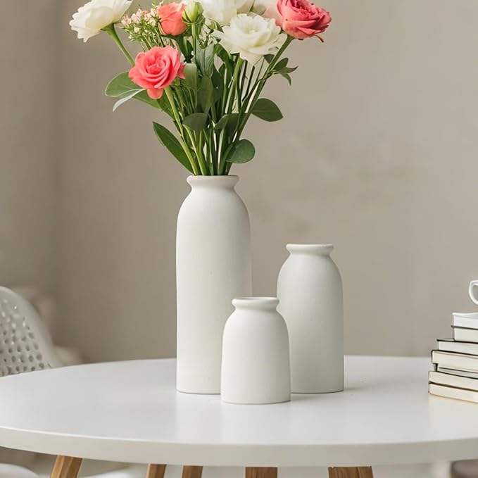 Ceramic Vase Set-3, Small Flower Vases for Decor, Modern Boho Farmhouse Style, Decorative Shelf Vases for Pampas Grass & Dried Flowers, Distressed Finish (White)