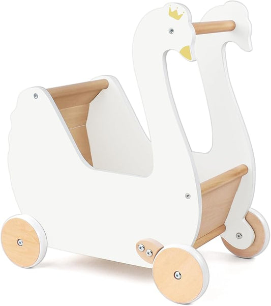 Wooden Doll Stroller, Baby Pram Toy, Wooden Swan Baby Walker for Toddler Boys & Girls 18 Months and Up