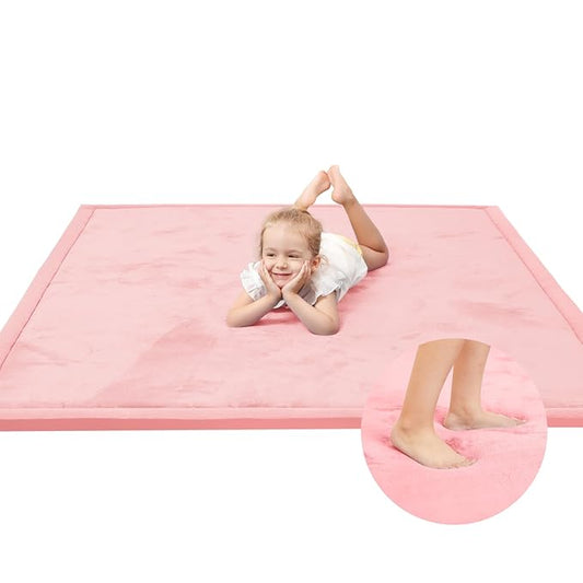 Baby Play Mat for Floor,1.3" Thick Elasti-Foam 50x50 Playpen Mat for Toddlers Infant Kids,Water-Repellent Soft Coral Velvet Tummy Time Mat,Non Slip Crawling Mat,Tatami Mat(Pink)