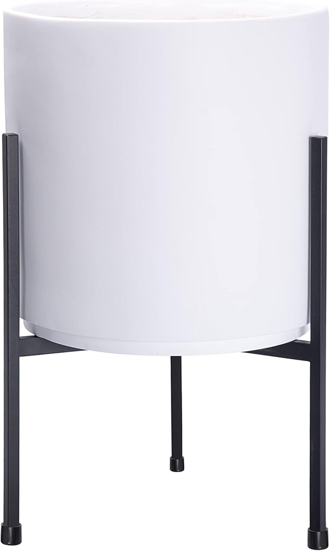D'vine Dev Modern White Plants Pot Cylinder Planter with Heavy Duty Stand, Medium 10 Inch Pot, 16.3 Inch with Stand Height, 96-T-A-2