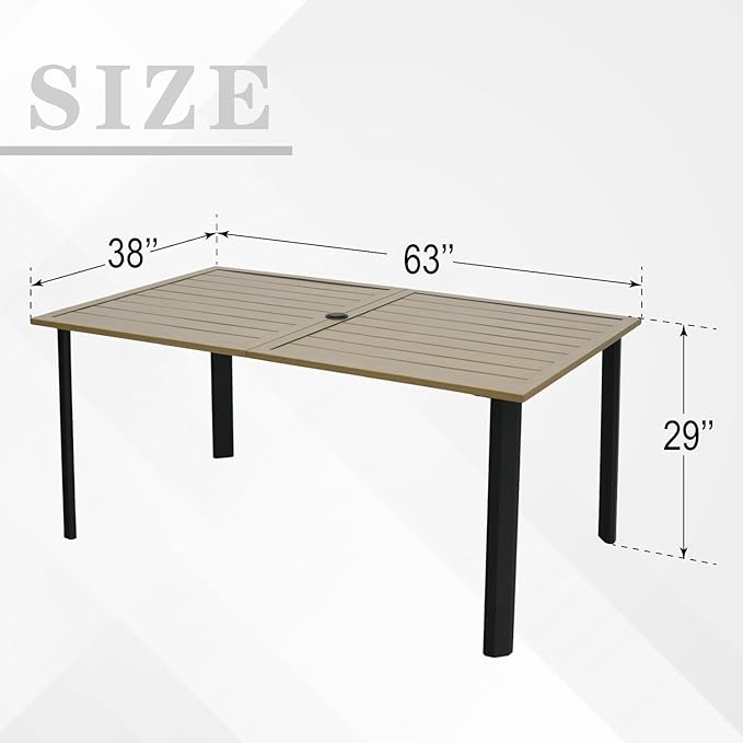 Outdoor Patio Table for 6 Person, Patio Dining Rectangle Table with 1.57" Umbrella Hole for Garden Lawn Backyard Parties, Black Metal Frame 63" L x 38" W x 29" H Brown