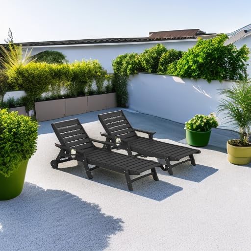 SERWALL Patio Chaise Lounge Chair Set of 2, 78'' Long 5-Positions Adjustable HDPE Outdoor Lounge Chair for Pool, Poly Lounge Chair with Rolling Wheels & Cup Holder for Poolside, Deck, Obsidian Black