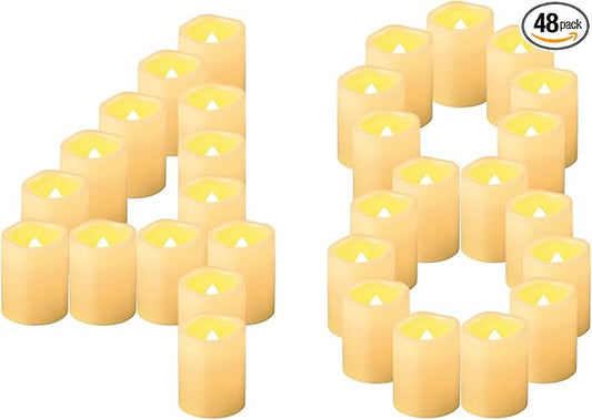 CANDLE IDEA Flameless LED Votive Candles 48 Pack, 1.5" x 2", Battery Operated Flickering Electric Outdoor Flameless Tea Lights, Fake Tealight Candle Bulk for Wedding, Christmas, Halloween Decorations