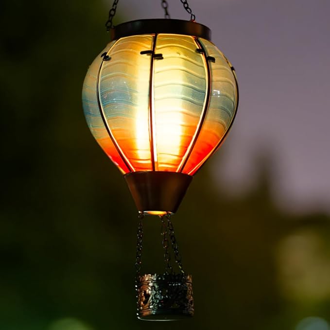 Starsoul Blue Hot Air Balloon Solar Lantern Glass Solar Hot Air Balloon Flickering Flame Hanging Garden Light Waterproof Solar Lamp Hot Air Balloon Garden Yard Farmhouse Decor