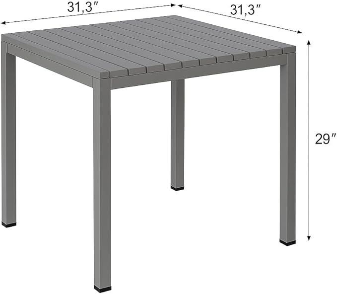 Plastic Outdoor Dining Table with Metal Legs, Weather Resistance, Home Patio Table, Restaraunt Outdoor Table, Quick Assembly (Grey)