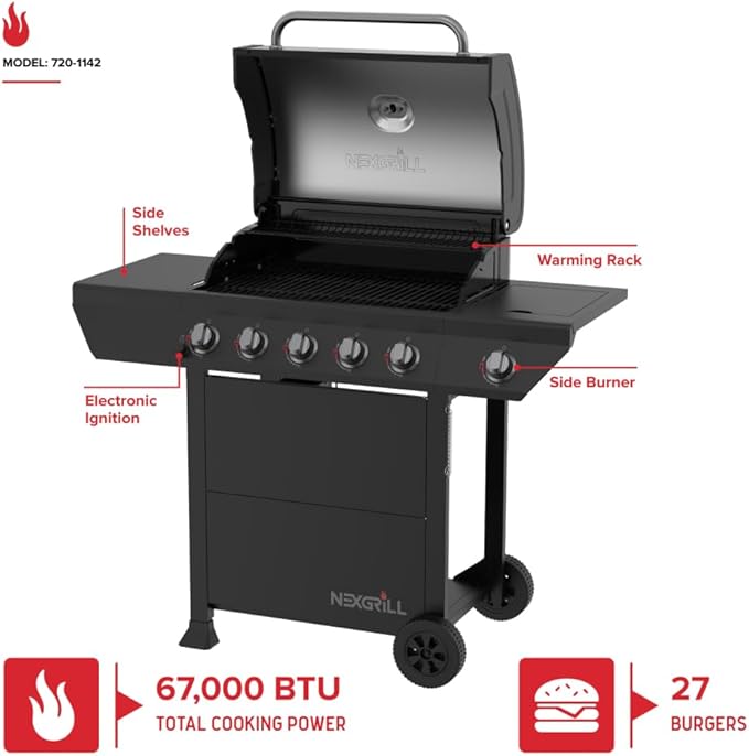 Nexgrill 5-Burner Gas Grill with Side Burner, 67,000 BTUs, 618 SQ. In. Cooking Area, Propane BBQ Grill with Stainless Steel Panel for Outdoor Cooking, Patios, and More - 720-1142