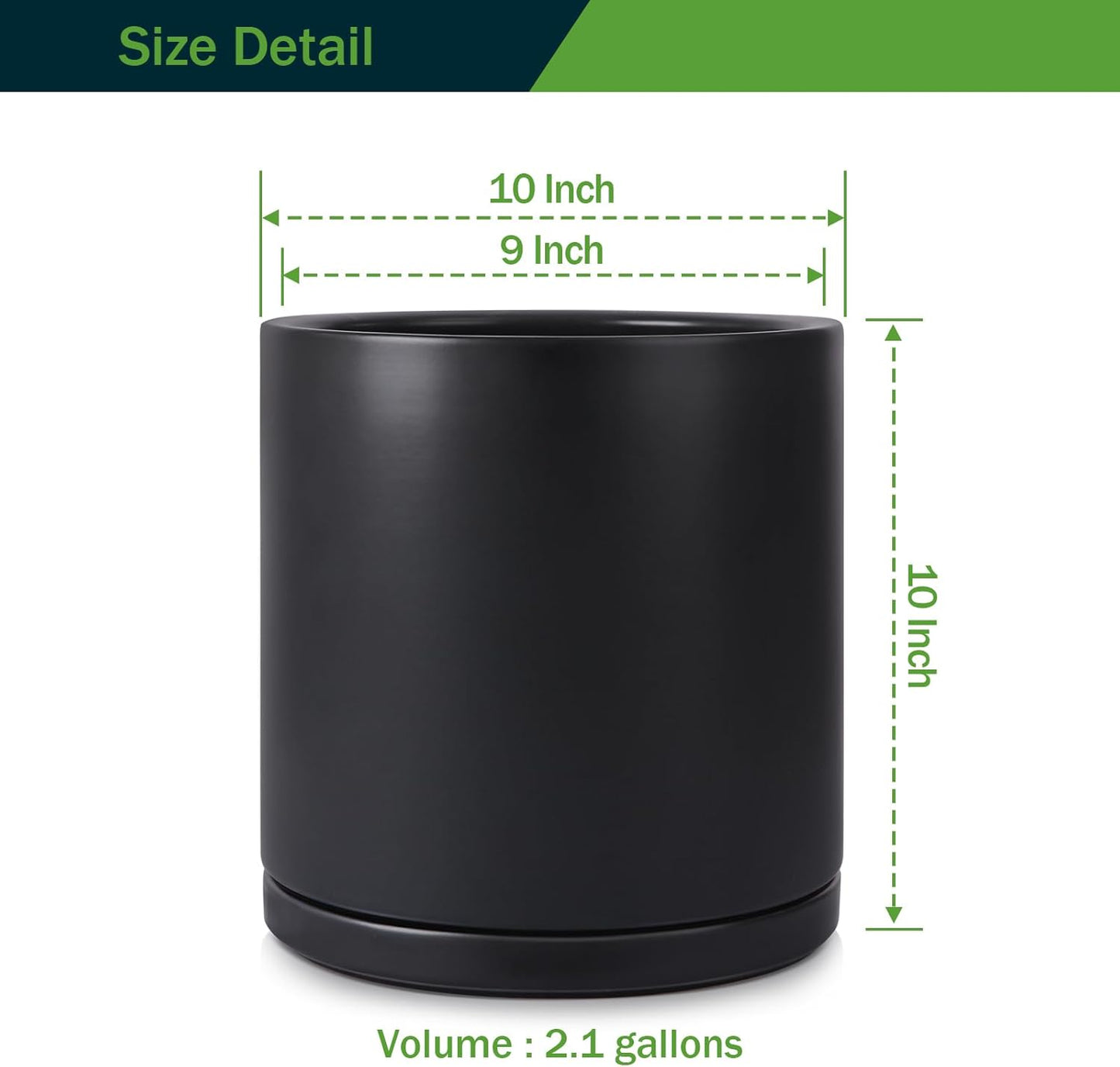 Kazeila Plant Pots Ceramic Planter for Indoor Outdoor Plants Flowers 10 Inch Matte Black Large Cylinder Flower Pot with Saucer and Drainage Hole,Glazed Finish Interior and Exterior