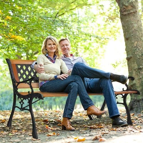 Outvita 49.5in Garden Bench, Deck Hardwood Seat and Metal Armrest Park Bench for Patio Front Porch Path Yard Lawn Poolside (Rhombic)