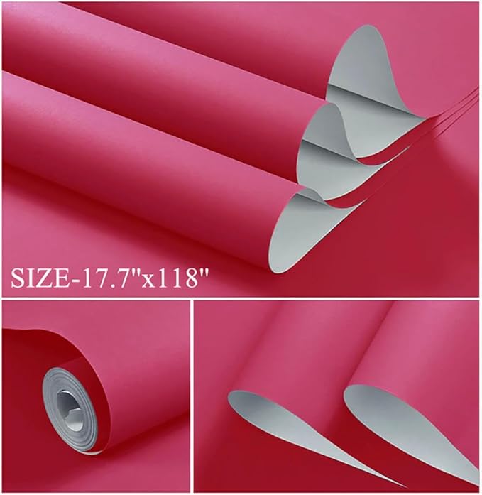 Dimoon 236''x17.7'' Pink Peel and Stick Wallpaper Contact Paper Modern Self Adhesive Wall Paper Removable Renter Friendly Textured Solid Color Shelf Cabinet Vinyl Roll (236''x17.7'',Rose Red)