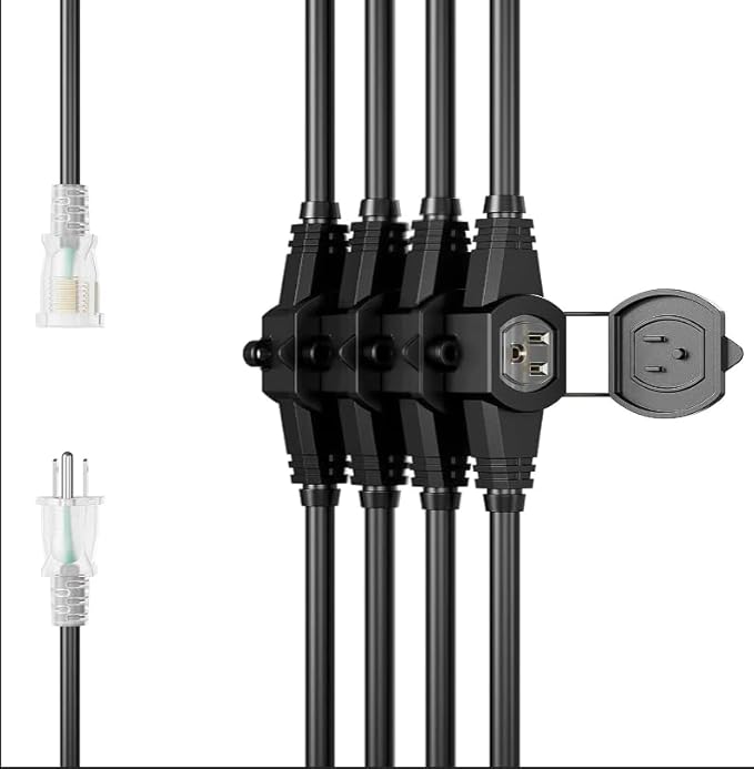 30FT 14 Gauge Multi Outlet Extension Cord, 5 Evenly Spaced Weatherproof Outlets, Great for Stage Backdrops, Landscape Garden Lighting，Christmas Decorations ETL